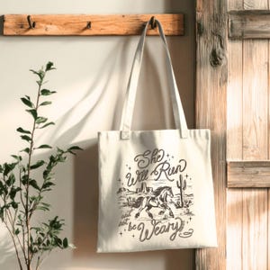 Western faith tote bag with horse design and Isaiah 40:31 scripture on natural cotton canvas