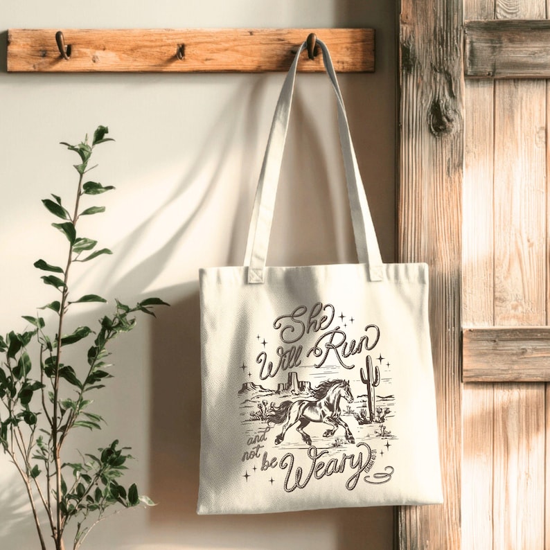 Western faith tote bag with horse design and Isaiah 40:31 scripture on natural cotton canvas