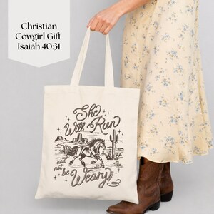 Western faith tote bag with horse design and Isaiah 40:31 scripture on natural cotton canvas