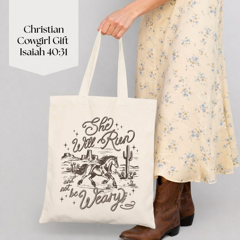 Western faith tote bag with horse design and Isaiah 40:31 scripture on natural cotton canvas
