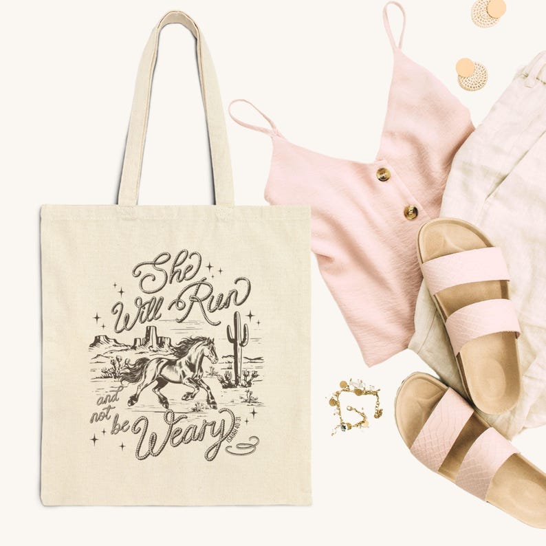 Western faith tote bag with horse design and Isaiah 40:31 scripture on natural cotton canvas