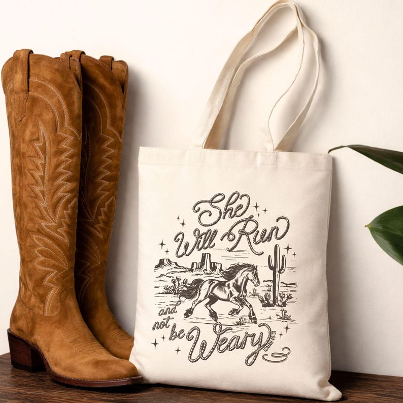 Western faith tote bag with horse design and Isaiah 40:31 scripture on natural cotton canvas