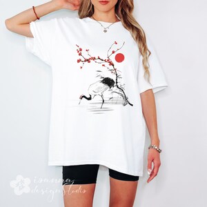 Bird Lover Crane shirt, Japanese Art Streetwear, Botanical Flower shirt, Heron t-shirt, birdwatching shirt, gift for women, birthday gift