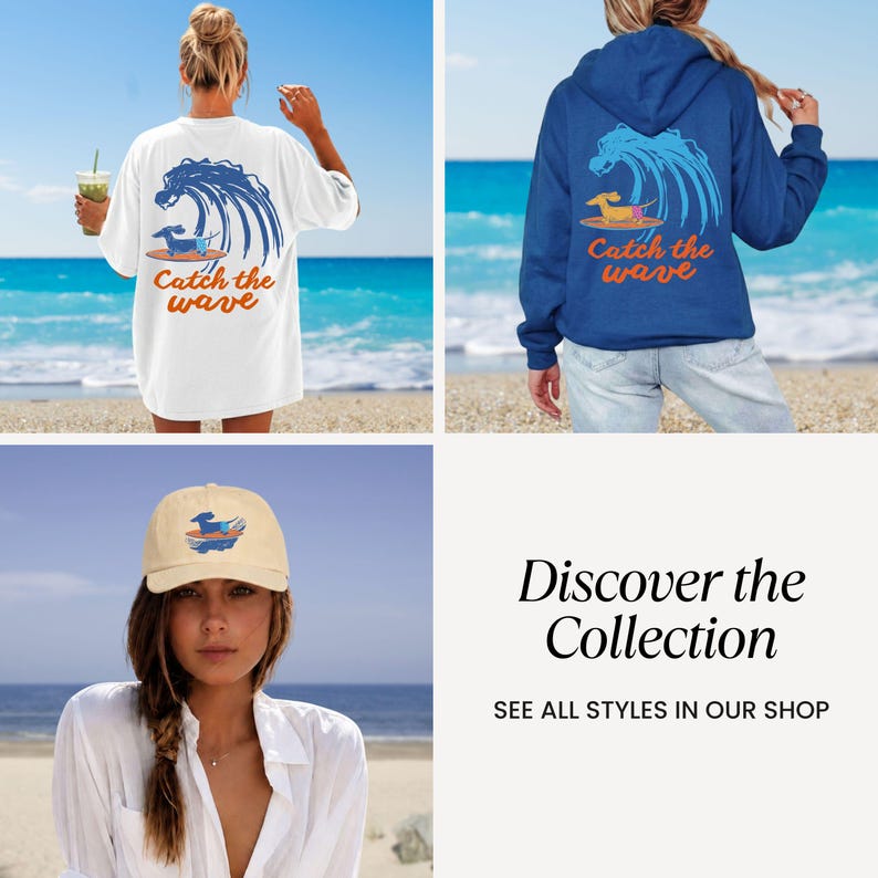 May include: A collection of apparel featuring a surfing theme. Includes a white t-shirt, a blue hoodie, and a tan baseball cap. Each item displays a wave graphic with a surfer and the text "Catch the wave".