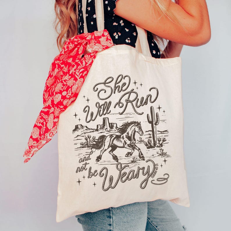 Western faith tote bag with horse design and Isaiah 40:31 scripture on natural cotton canvas
