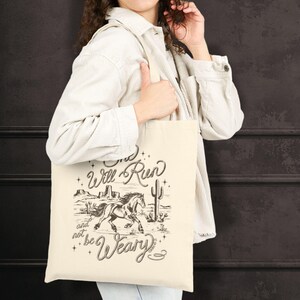 Western faith tote bag with horse design and Isaiah 40:31 scripture on natural cotton canvas