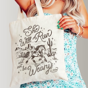 Western faith tote bag with horse design and Isaiah 40:31 scripture on natural cotton canvas