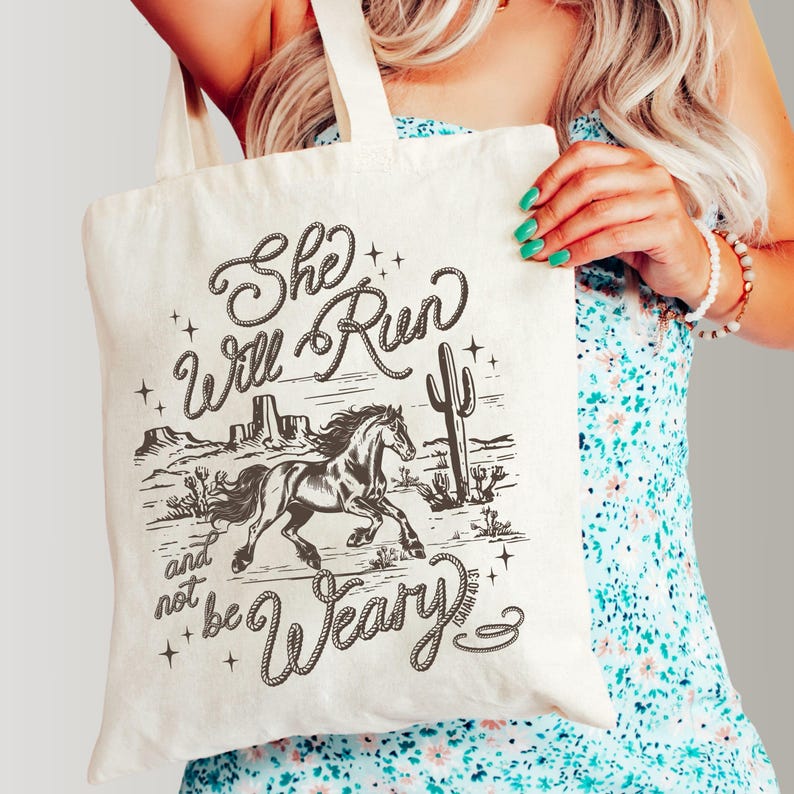 Western faith tote bag with horse design and Isaiah 40:31 scripture on natural cotton canvas