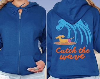 Retro Dog Surfing Zip Hoodie Coastal Beach Dachshund Surf Hoodie Ocean Lover California Streetwear Gift for Dog Mom Dad