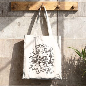 Western faith tote bag with horse design and Isaiah 40:31 scripture on natural cotton canvas