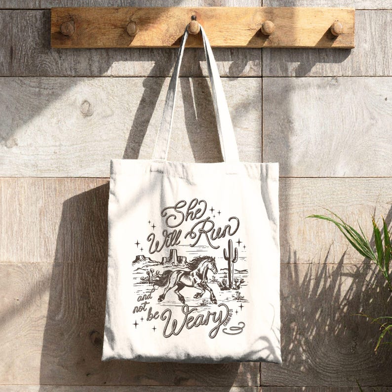 Western faith tote bag with horse design and Isaiah 40:31 scripture on natural cotton canvas