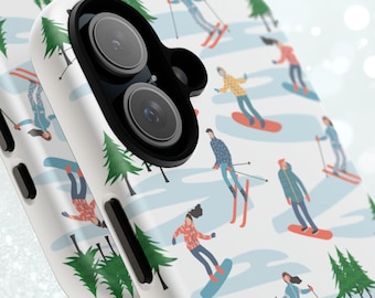 May include: White phone case with a winter sports design. The case features a repeating pattern of skiers, snowboarders, and evergreen trees on a snowy background. The case has a black camera lens and a black side button.