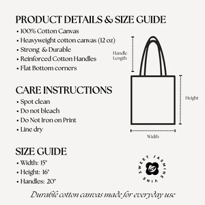 Western faith tote bag with horse design and Isaiah 40:31 scripture on natural cotton canvas. Size product care chart