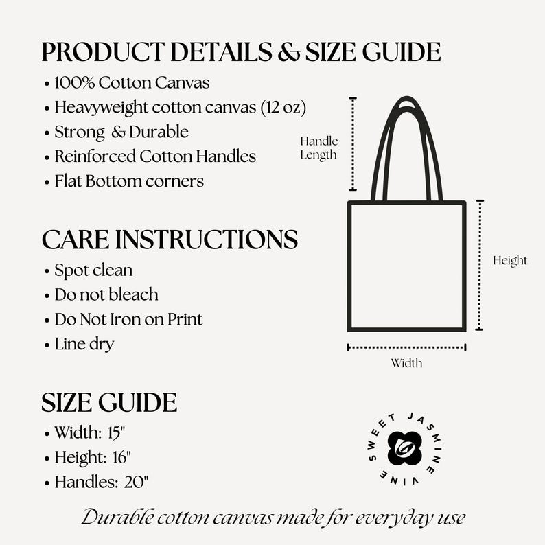 Western faith tote bag with horse design and Isaiah 40:31 scripture on natural cotton canvas. Size product care chart