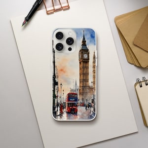 Könnte beinhalten: Eine Handyhülle mit einem Aquarellbild von Big Ben und einem roten Doppeldeckerbus in London.