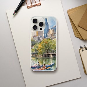 Austin Kayaking Skyline Watercolor Aquarelle Phone Case | Flexi Case (iPhone 14 Plus/Pro/Pro Max, 13, Samsung Galaxy S23 & many more)