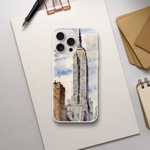 NY Empire State Building Watercolor Aquarelle Phone Case | Flexi Case (iPhone 14 Plus/Pro/Pro Max, 13, Samsung Galaxy S23 & many more)