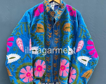 Boho Floral Embroidered Cotton Suzani Jacket, Handmade in India