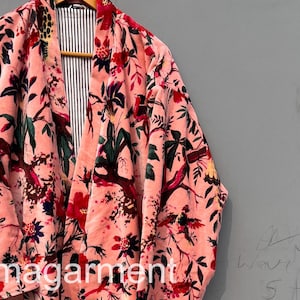 100%Indian Velvet Bathrobes, Birds Printed Cotton Soft Fabric Robes, Unisex Velvet Robe Luxurious, Dressing Gown, House Robes, Gift her,