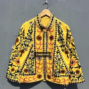 Indian 100% Cotton Suzani Embroidery Handmade Jacket  Women Wear Multi Color Coat Unisex Short jacket Inside Lining Winter New year Gift,