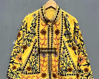 Handmade Suzani Embroidered Cotton Jacket: Indian Multi-Color Coat