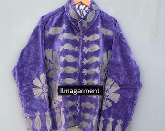 Purple Quilted Cotton Lined Boho Jacket: Embroidered Women's Coat