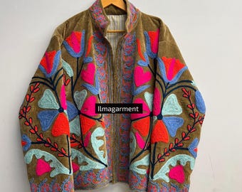 Wholesale Velvet Jacket Coat, Floral Embroidery Jacket, Handmade Suzani Jacket With Two Side Pockets, Boho Women's Jacket, Inside Lining,