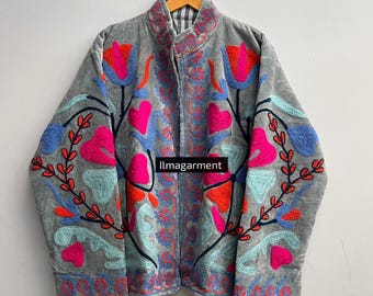 Comfortable Velvet Jacket, Handmade Suzani Coat, Uzbek Floral Embroidery Jacket, Boho Hippie Jacket, Unisex Winter Jacket, Gifts For Her,