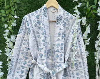 Block Print Cotton Kantha Jacket: Handmade Quilted Indian Coat with Belt