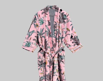 Printed Cotton Velvet Kimono Robe: Unisex Long Jacket with Belt
