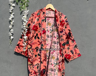 Birds Printed Velvet Robe: Indian Cotton, Unisex Kimono