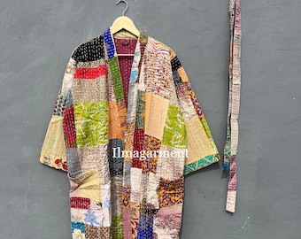 Handsydd sidenkimono: Quiltad Kantha-lapptäcksmantel