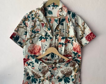 Floral Print Indian Cotton Pajama Sets, Shirt And Shorts Set, Women Shorts, Summer Shorts, Bridal Party Pajama Set