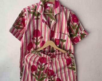 Stripe Print Pajama Set: Floral Summer Nightwear