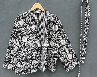 Indiase handblokprint jassen in zijvoering, unisex jas, winterjas met riem, katoenen jassen, dames korte jas, overjas,