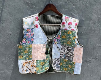 Handmade Cotton Quilted Patchwork Vest: Boho Block Print Jacket