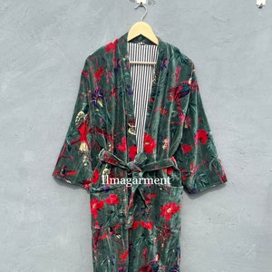 Indian Velvet Bathrobes, Birds Printed Cotton Soft Fabric Robes, Unisex Velvet Robe Luxurious, Dressing Gown, House Robes,