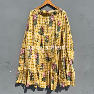 Summer Long Skirts Dress, yellow Cotton Floral Block Print Skirts, Handmade Beach Skirt ,Layered Skirt, Women&#39;s Maxi Skirt, Skirt in Dark