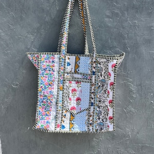 Quilted Cotton patch work Large multicolor patch Tote Bag Eco friendly Sustainable Sturdy Grocery Shopping Handmade Vintage Boho Travel bag