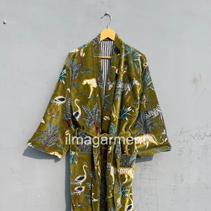 Luxurious green Velvet Kimonos, Indian Handmade  Kimono With Belt, Robe Jackets Dressing Gown, Women Sleepwear, Long jungle print kimono,