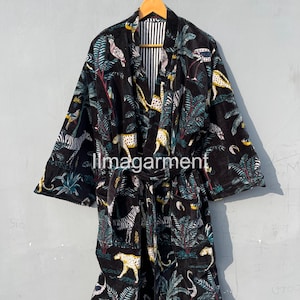 Soft Velvet jungle print, Kimono Robes, Indian Handmade Winter Unisex Kimono With Belt, Bathrobe, Women&#39;s Sleepwear, Bridal Robe Gift her,