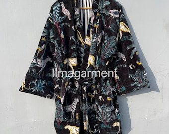 Velvet Kimono Robe: Jungle Print Indian Handmade Unisex Bathrobe