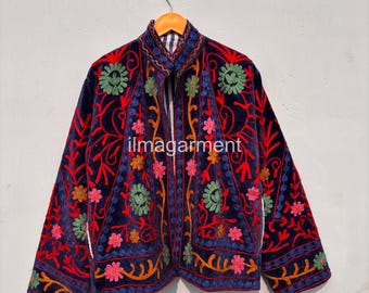 Handmade Suzani Embroidered Cotton Jacket, Boho Chic Coat
