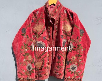Velvet Suzani Embroidered Jacket: Boho Floral Cotton Winter Coat
