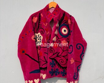 Sujani Embroidered Artwear Velvet Jacket for Boho Winter Outfits Handmade Floral Coat | Gift For Her