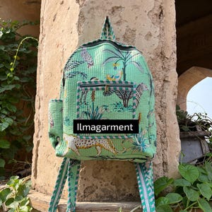 Sac à dos fait main matelassé en coton imprimé bloc pour femme Sac de voyage imprimé jungle animale indienne, sac à dos étudiant zippé cartable, filles mendier,