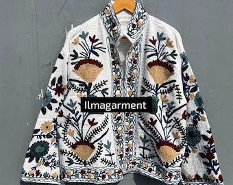Handmade Cotton Suzani Embroidered Jacket: Indian Short Robe