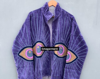 Blue Velvet Evil Eye Jacket: Embroidered Boho Festival Coat