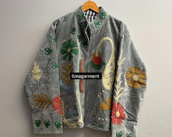 Uzbek Floral Embroidery Jacket, Comfortable Velvet Jacket, Handmade Suzani Coat, Boho Hippie Jacket, Unisex Winter Jacket, Moms Gifts,