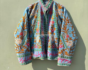Floral Embroidered Suzani Jacket, Handmade Cotton Coat